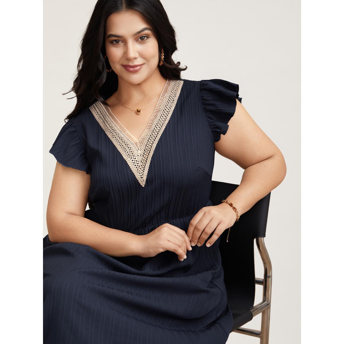Plus Size Textured Lace Neckline Ruffled Sleeve Dress Navy Women Elegant Woven ribbon&lace trim V-neck Short sleeve Curvy BloomChic 30/6X Product Image