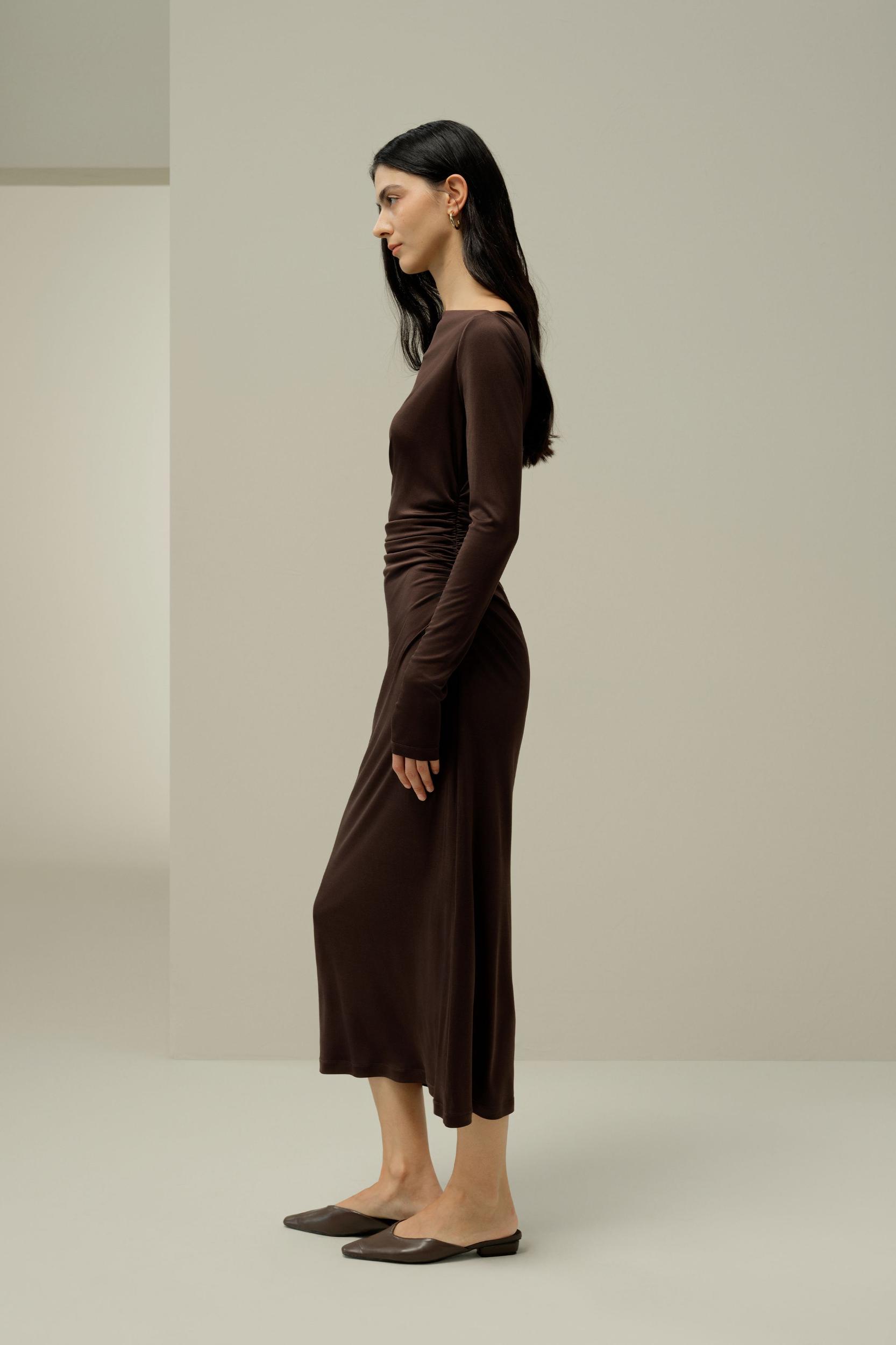 Elegant Silk Jersey Rouched Midi Dress Product Image