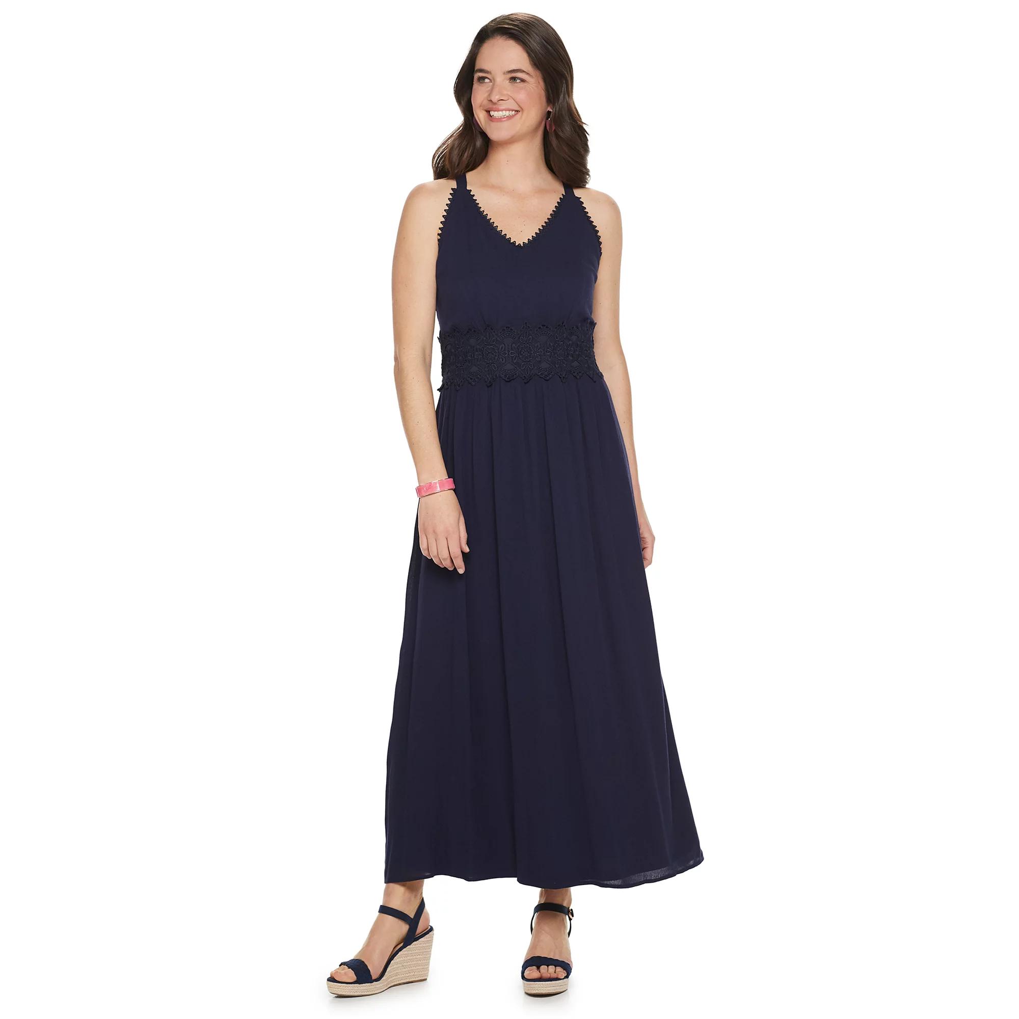 Women's Nina Leonard Crochet Trim Maxi Dress, Size: Medium, Blue Product Image