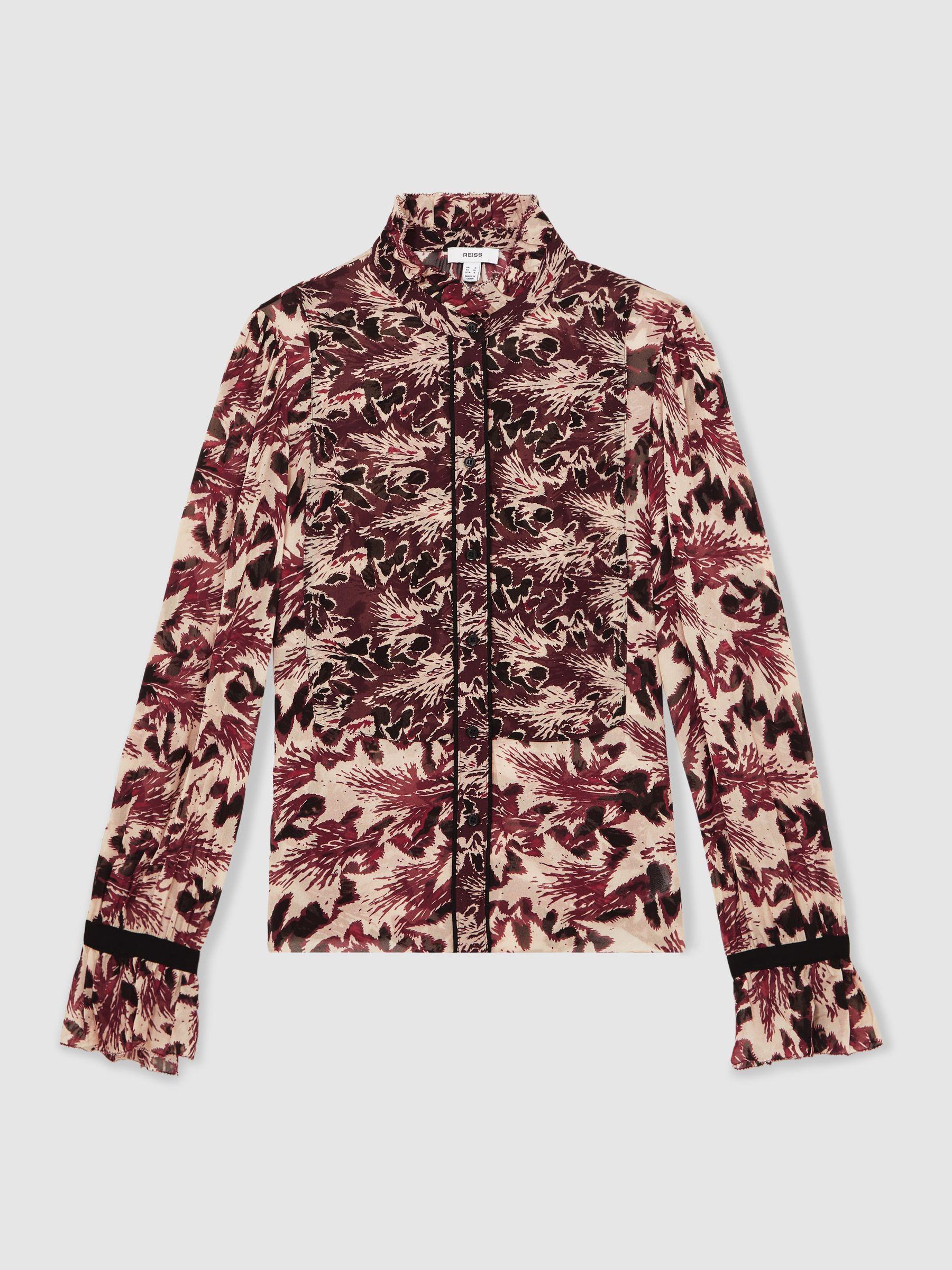 Abstract-Print Ruffle-Neck Shirt in Burgundy/Cream Product Image