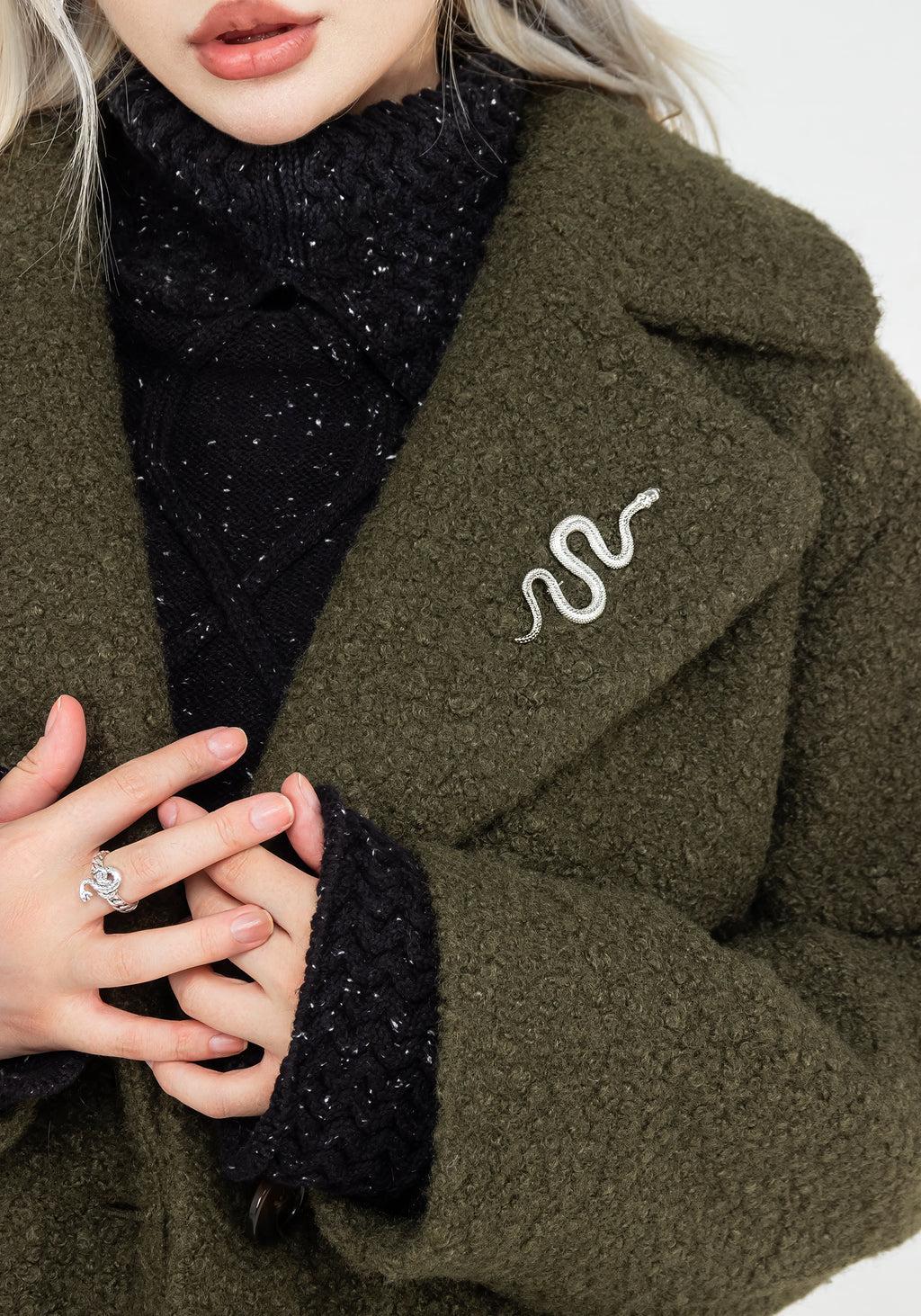 Gorgon Bouclé Oversized Coat with Snake Brooch - Green Product Image