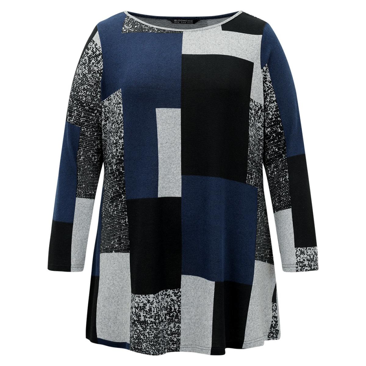 Plus Size Colorblock Contrast Round Neck T-shirt Indigo Women Leisure Contrast Colorblock Boat Neck Casual T-shirts BloomChic 12/L Product Image