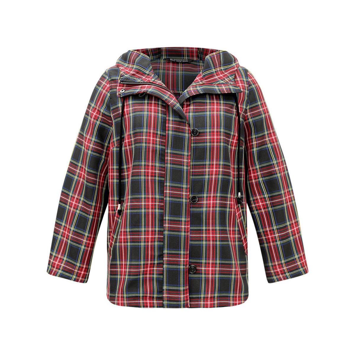 Plus Size Plaid Slant Pocket Hooded Coat Women Multicolor Casual Contrast Ladies Dailywear Winter Coats BloomChic 28/5X Product Image