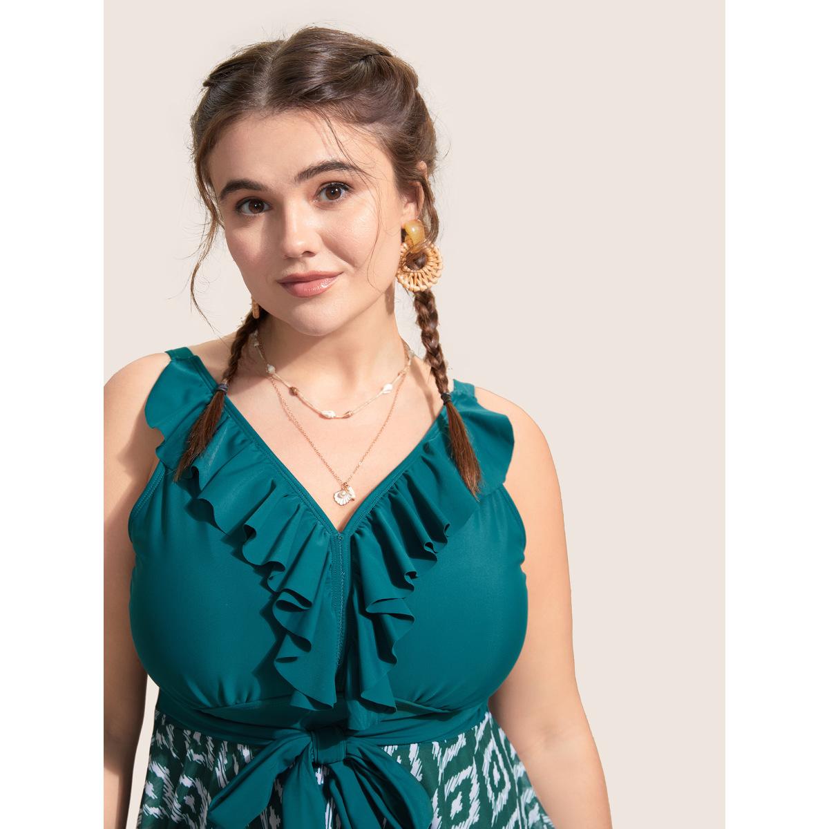 Plus Size Geometric Patchwork See Through Ruffles Swim Dress Women's Swimwear DarkGreen Beach Bodycon V-neck High stretch Curve Swim Dresses BloomChic 28/5X Product Image