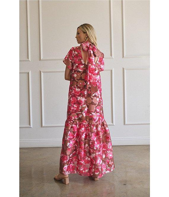 Sugarlips Mersin Sheer Floral Jacquard Organza Mock Neck Short Sleeves Tiered Hem Shift Maxi Dress Product Image
