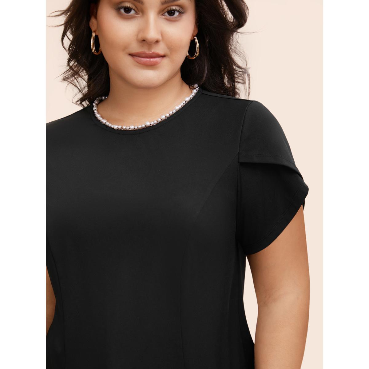Plus Size Black Pearl Beaded Petal Sleeve Stretch Blouse Women Elegant Half Sleeve Round Neck Everyday Blouses BloomChic 10/M Product Image
