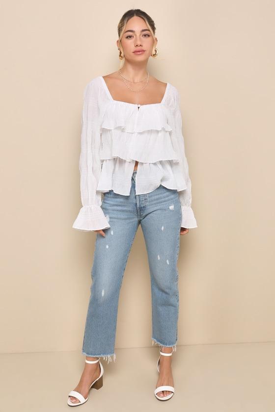 Tier Decadence Ivory Tiered Ruffled Long Sleeve Button-Up Top Product Image