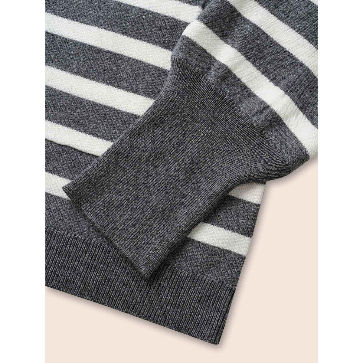 Plus Size Striped Lantern Sleeve Patched Pocket Cardigan DimGray Women Casual Loose Long Sleeve Everyday Cardigans BloomChic 22-24/3X Product Image