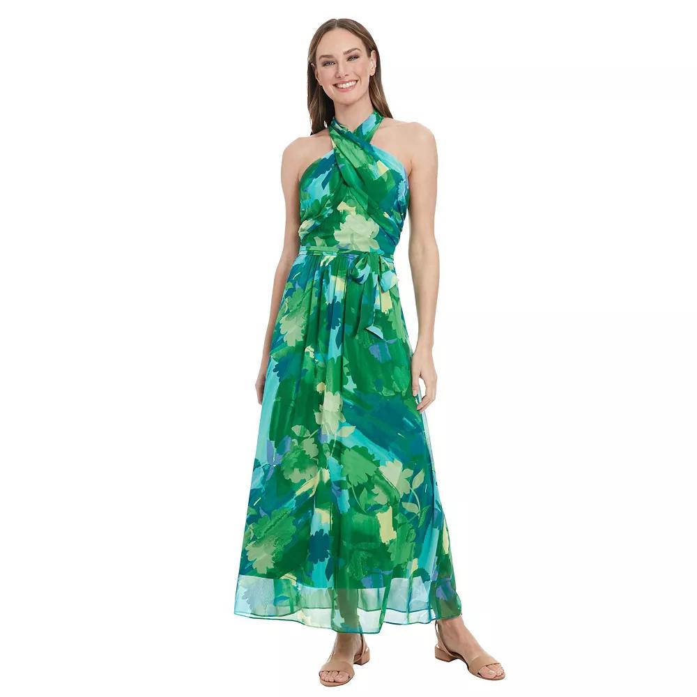 Women's London Times Floral Wrap Halter Maxi Dress, Size: 10, Green Teal Product Image