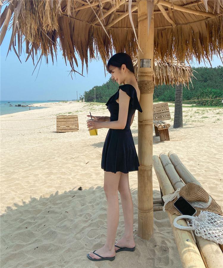 Asymmetrical Neck Plain Ruffle Swimdress Product Image