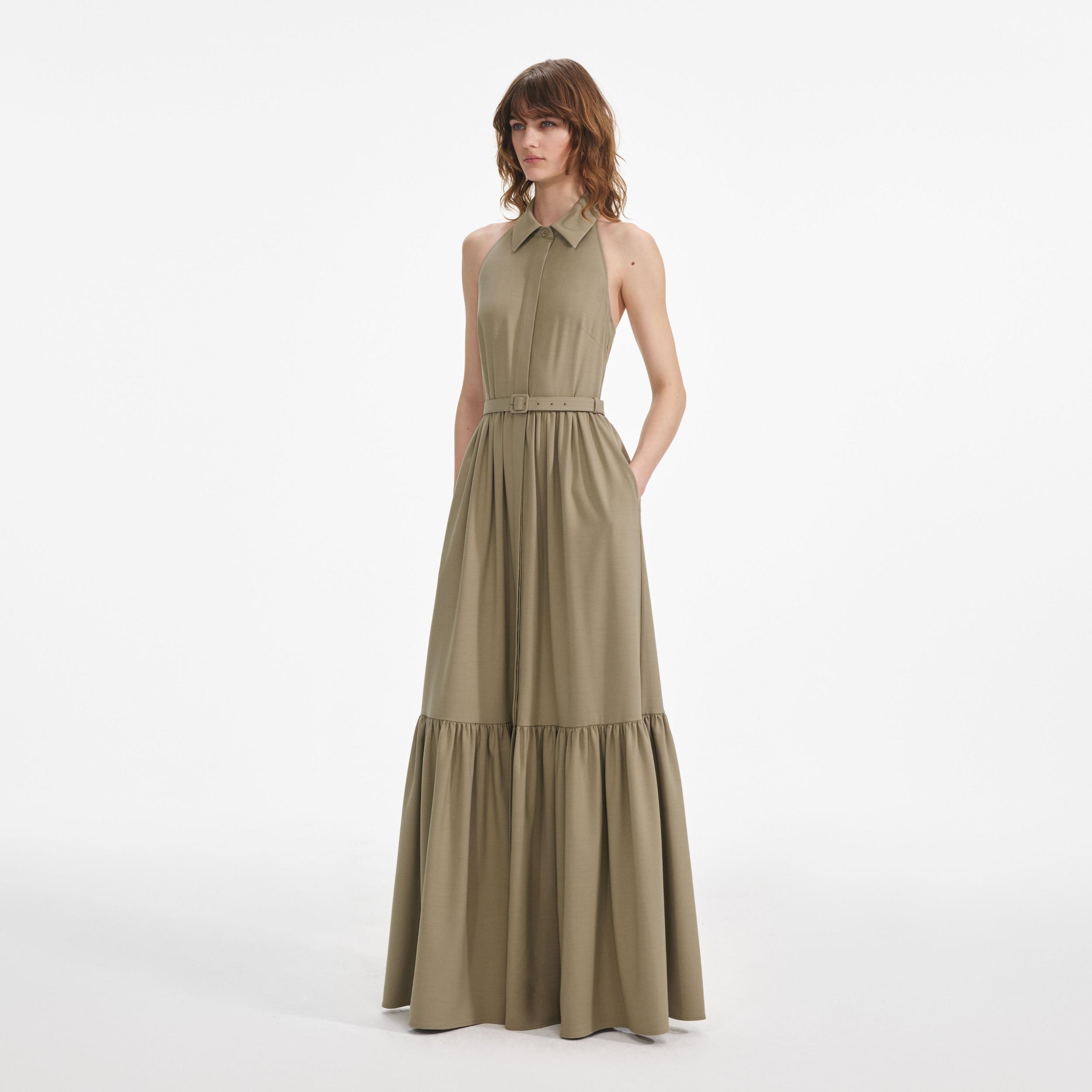 Beige Sleeveless Twill Maxi Dress Product Image