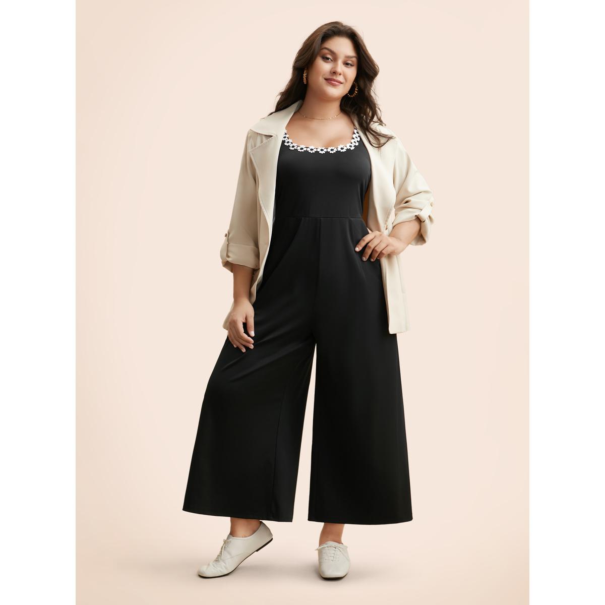 Plus Size Black Stereo Flower Design Square Neck Jumpsuit Women Elegant Sleeveless Square Neck Everyday Loose Jumpsuits BloomChic 26/4X Product Image