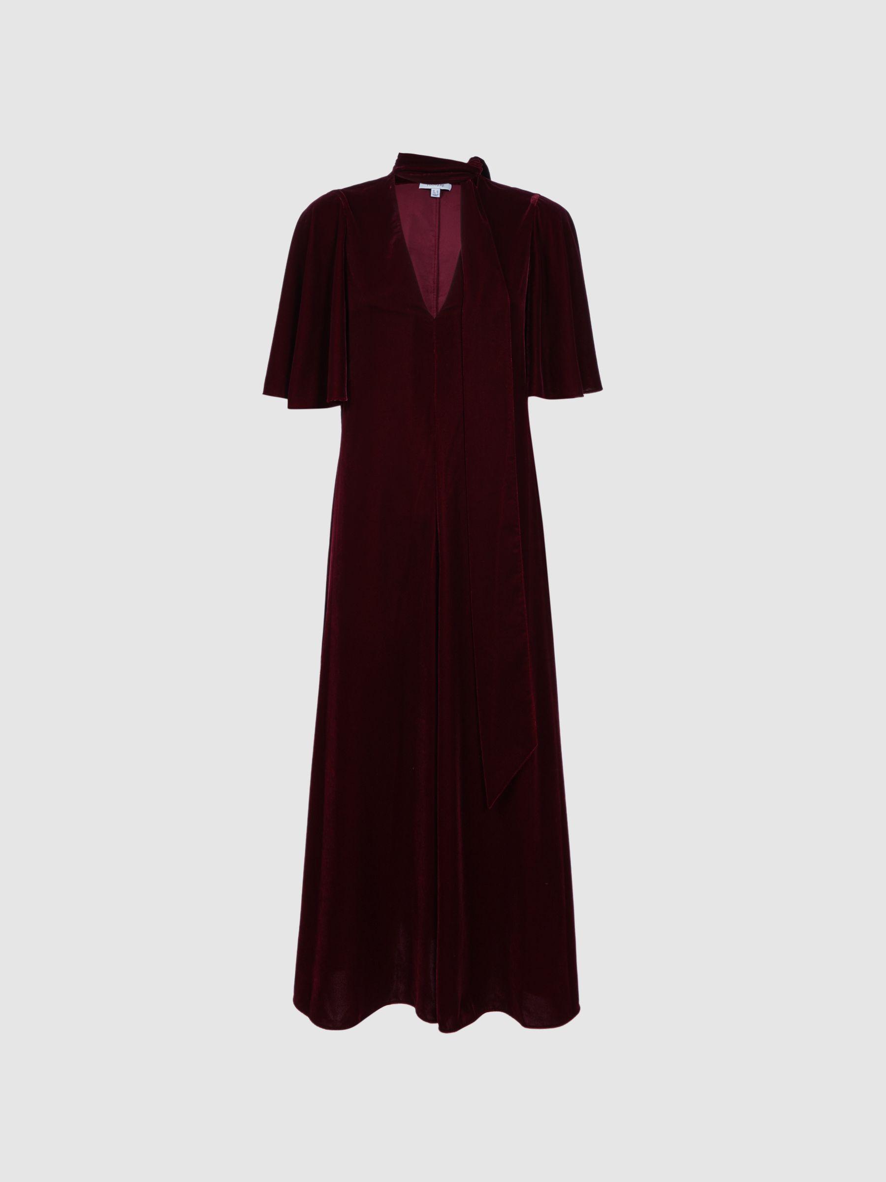 Florere Velvet Tie Neck Midi Dress in Burgundy Product Image