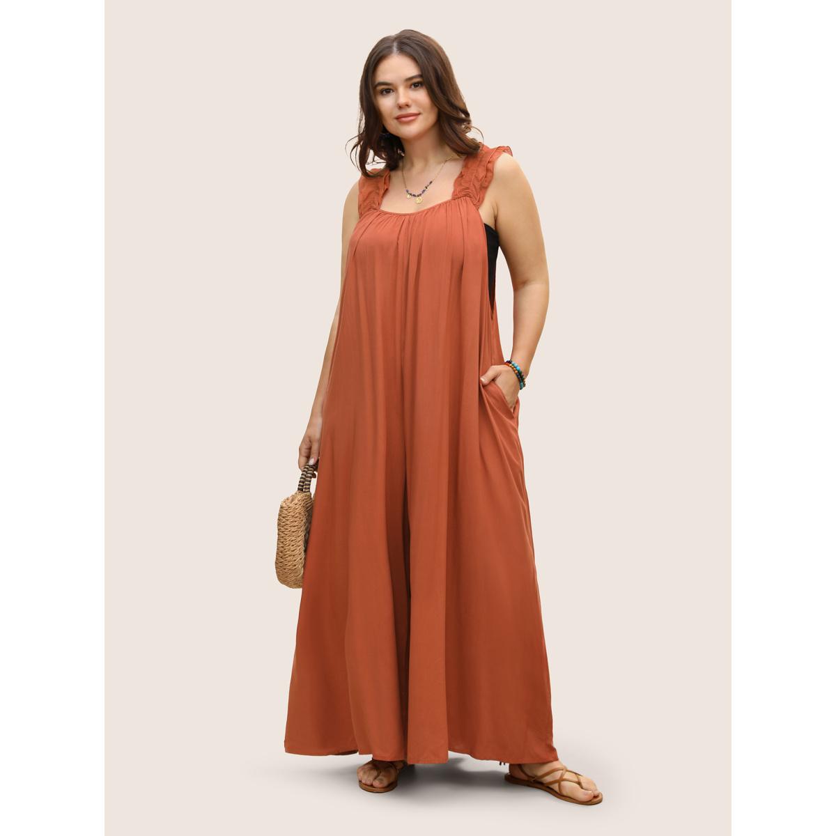 Plus Size Rust Rayon Ruffle Trim Gathered Tie Knot Jumpsuit Women Resort Sleeveless V-neck Vacation Loose Jumpsuits BloomChic 26/4X Product Image