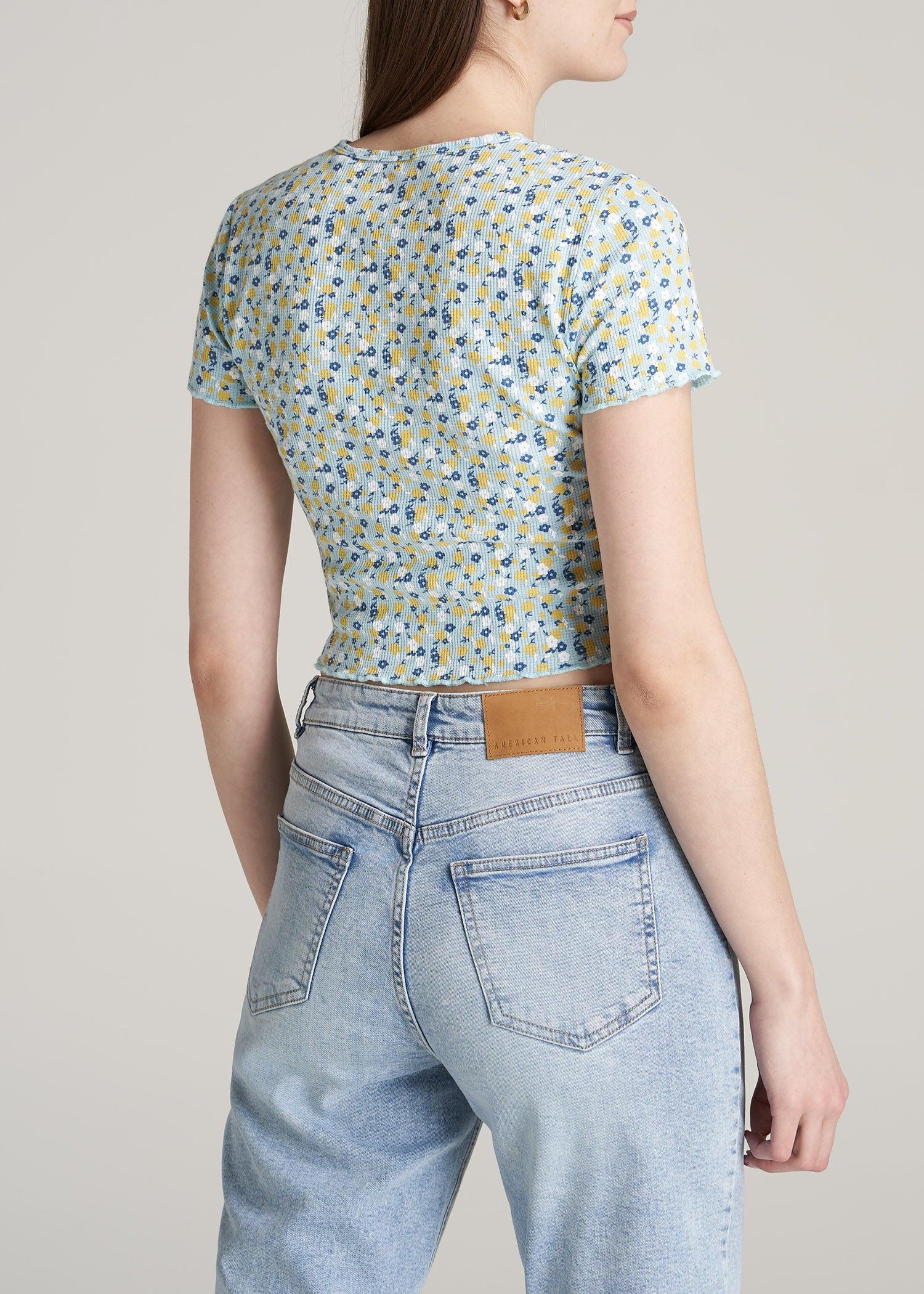 Cropped Waffle Tee for Tall Women in Corydalis Blue Floral Female Product Image