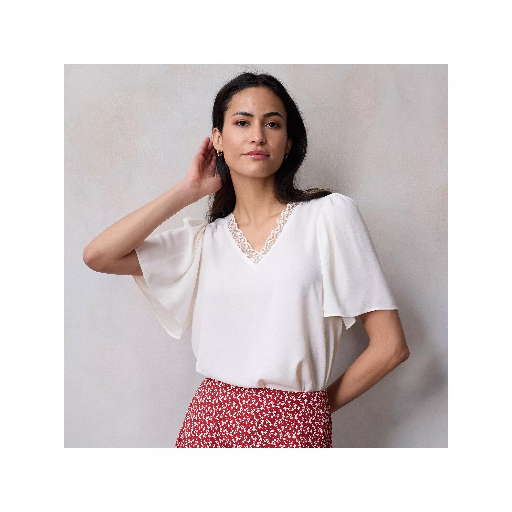 Women's LC Lauren Conrad Flutter Sleeve Lace V-Neck Top, Size: XL, Ivory Silk Product Image