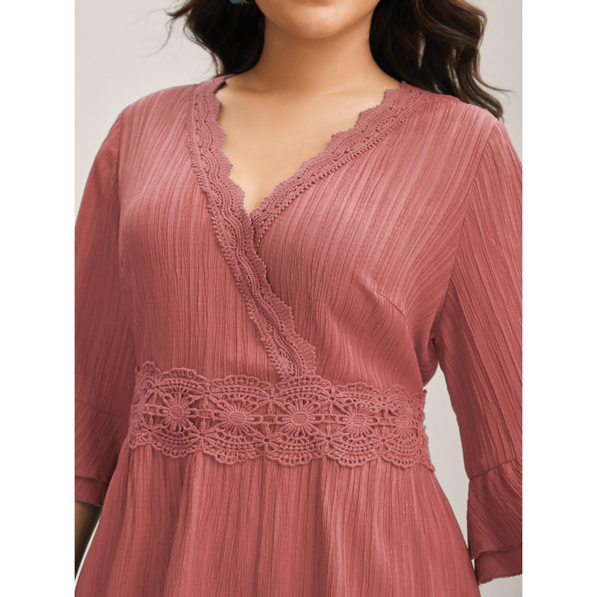 Plus Size Scalloped Lace Surplice Ruffled Midi Dress Blush Women Boho Overlap Collar Elbow-length sleeve Curvy BloomChic 12/L Product Image