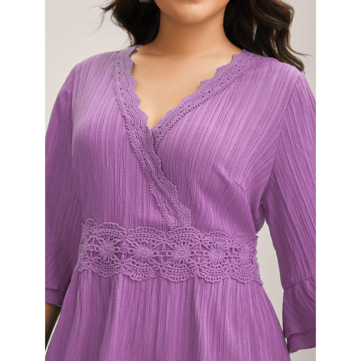 Plus Size Scalloped Lace Surplice Ruffled Midi Dress Lilac Women Boho Overlap Collar Elbow-length sleeve Curvy BloomChic 10/M Product Image