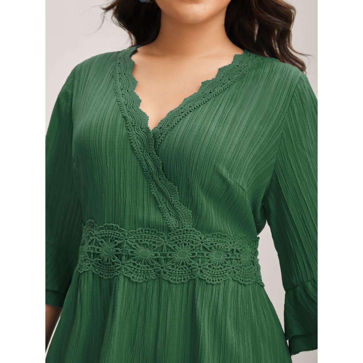 Plus Size Scalloped Lace Surplice Ruffled Midi Dress Truegreen Women Boho Overlap Collar Elbow-length sleeve Curvy BloomChic 30/6X Product Image