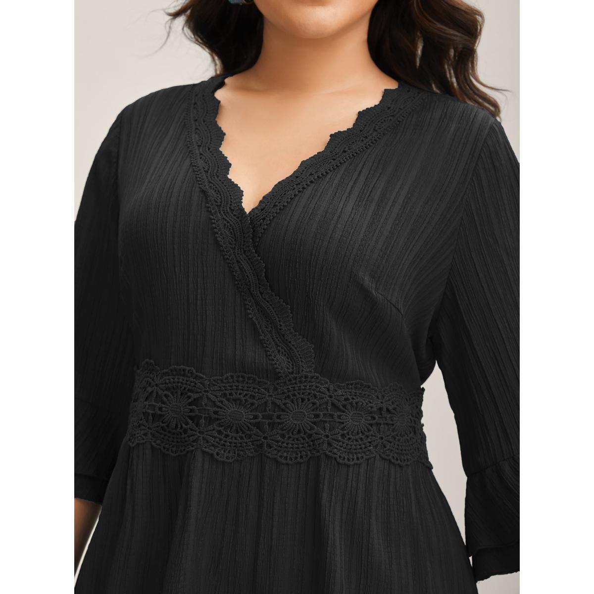 Plus Size Scalloped Lace Surplice Ruffled Midi Dress Black Women Boho Overlap Collar Elbow-length sleeve Curvy BloomChic 14-16/1X Product Image