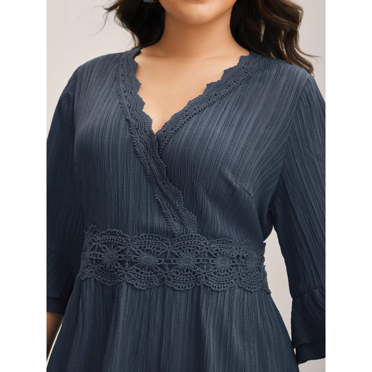 Plus Size Scalloped Lace Surplice Ruffled Midi Dress DarkBlue Women Boho Overlap Collar Elbow-length sleeve Curvy BloomChic 18-20/2X Product Image