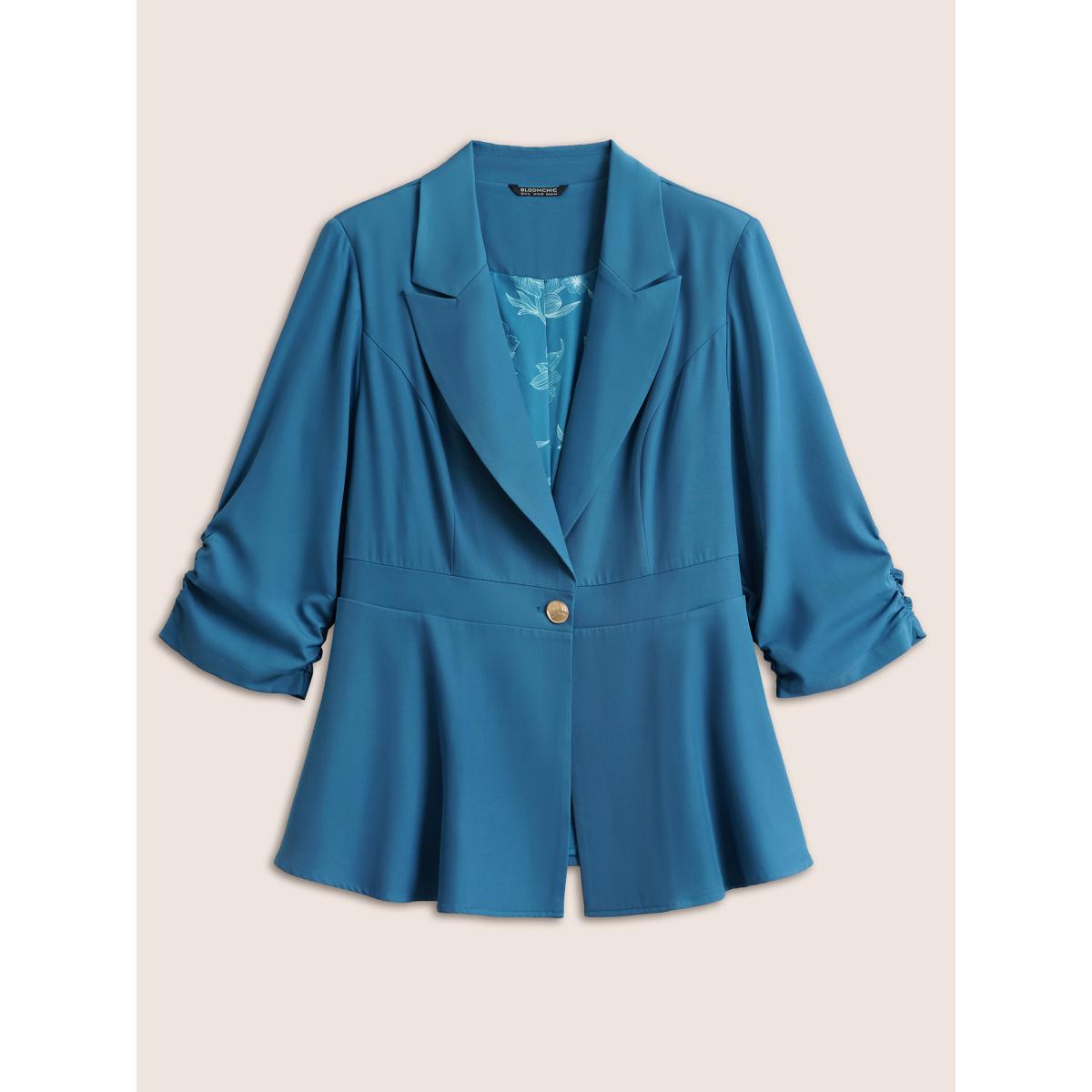 Plus Size Suit Collar Gathered Lined Floral Blazer Cerulean Women Work Plain Non Sleeve Elbow-length sleeve Suit Collar 14-16/1X Slanted pocket At the Office Blazers BloomChic Product Image