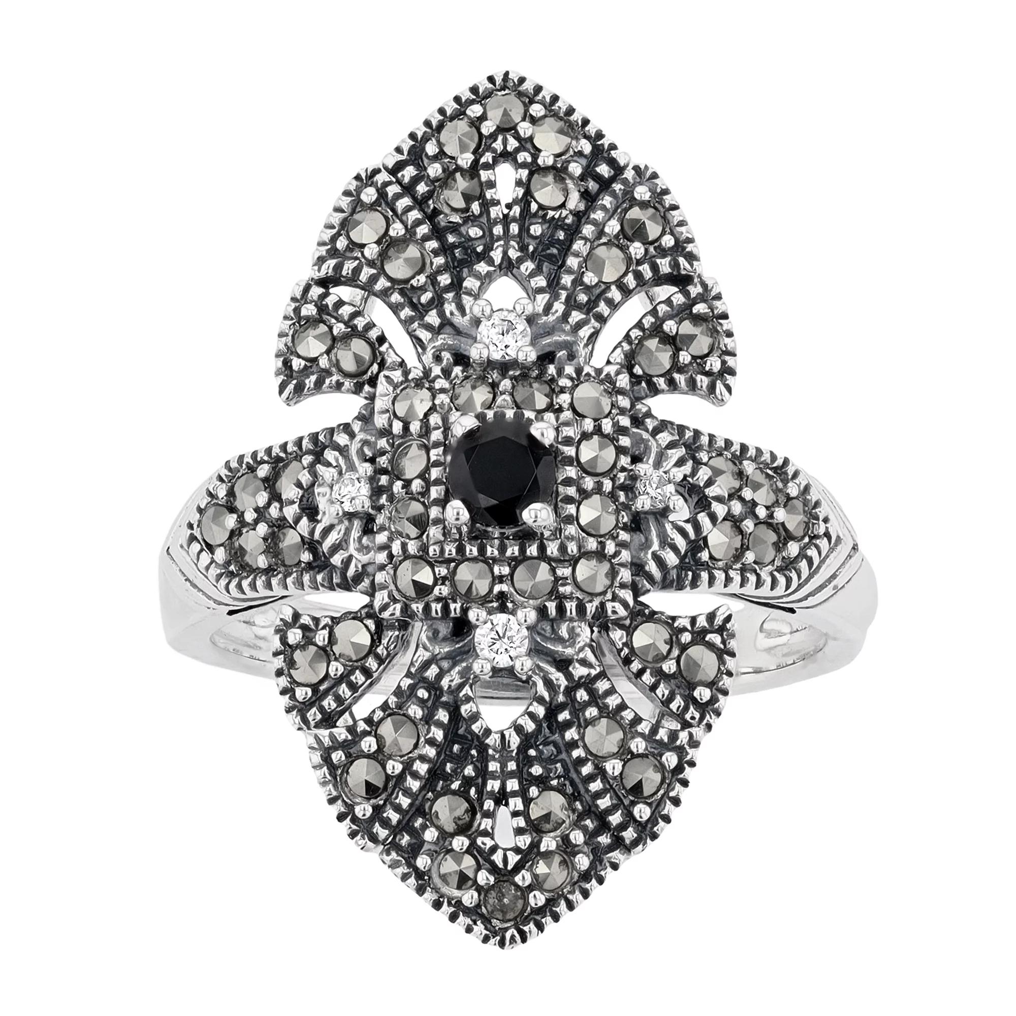 Lavish by TJM Sterling Silver Black Spinel & Marcasite & Cubic Zirconia Accent Ring, Women's, Size: 7 Product Image