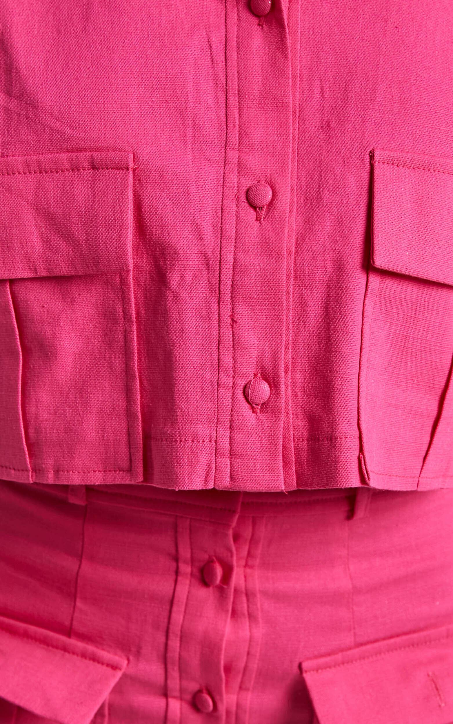 Navine Two Piece Set - Button Front Crop Top and Cargo Pocket Mini Skirt Set in Hot Pink Product Image