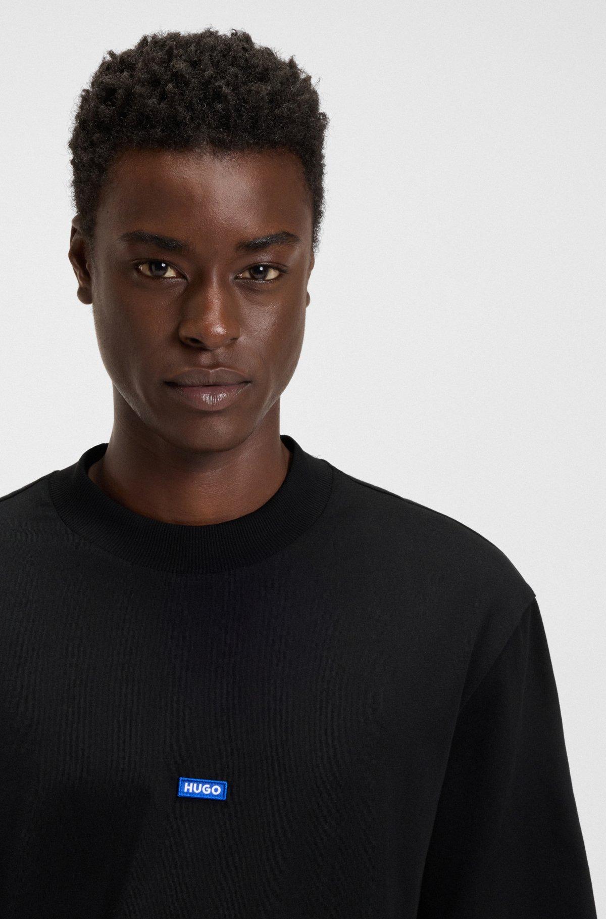 HUGO - Regular-fit cotton-jersey T-shirt with blue logo patch - Black Product Image