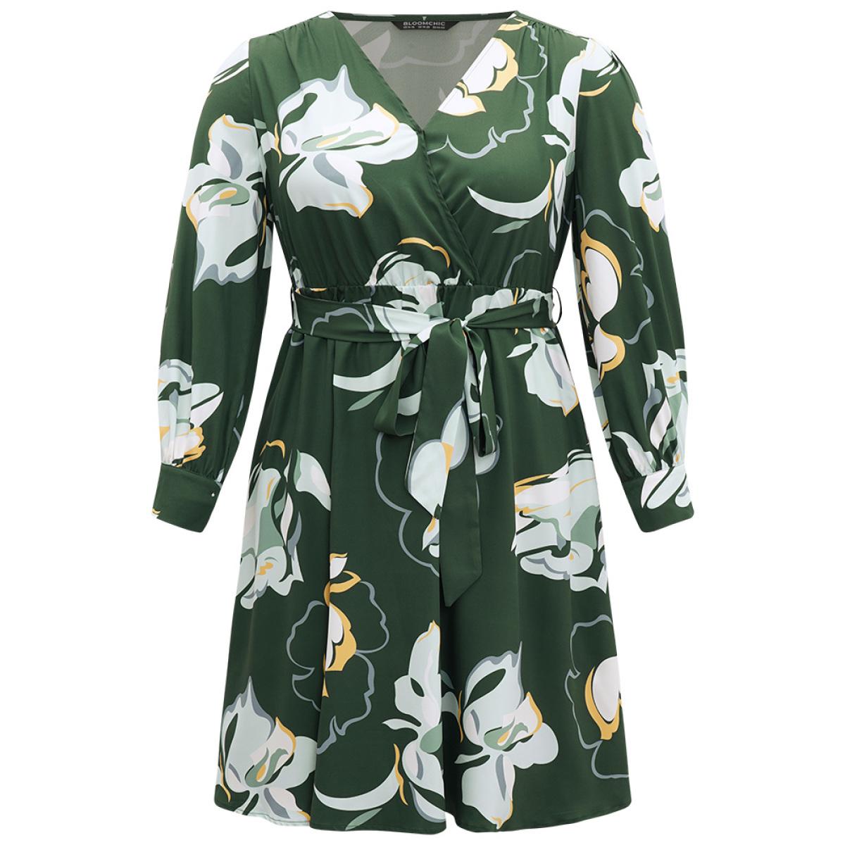 Plus Size Floral Print Belted Long Sleeve Dress DarkGreen Women Vacation Belted V-neck Long Sleeve Curvy Midi Dress BloomChic 28/5X Product Image
