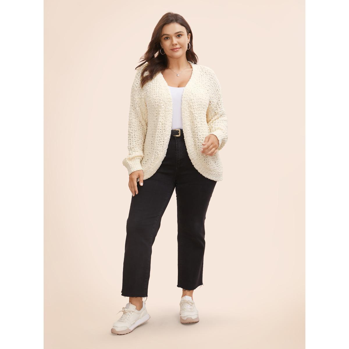 Plus Size Solid Textured Curved Hem Cardigan Beige Women Casual Loose Long Sleeve Everyday Cardigans BloomChic 10/M Product Image