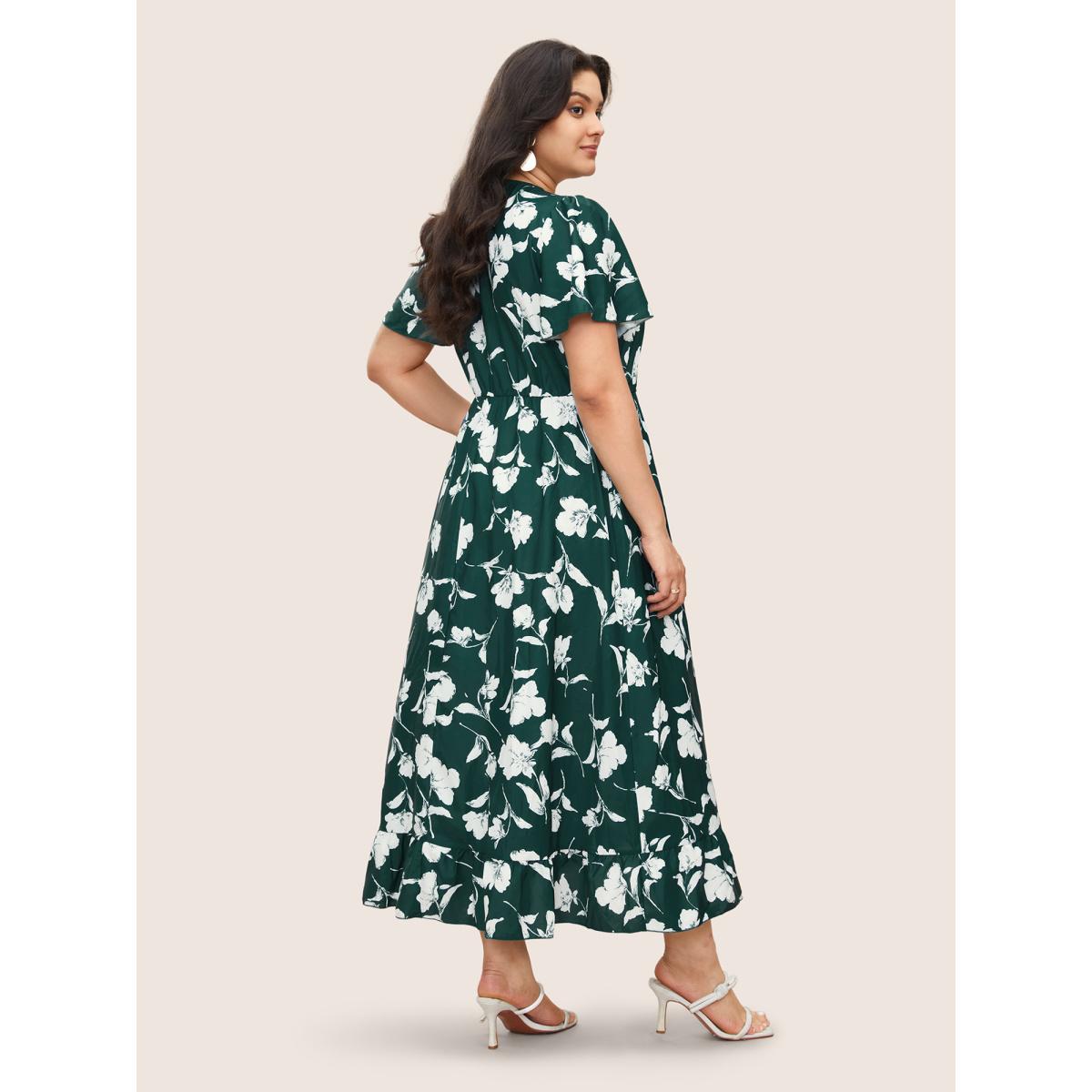 Plus Size Floral Ruffle Knot Side Wrap Dress DarkGreen Women Elegant Ruffles V-neck Short sleeve Curvy Midi Dress BloomChic 18/2X Product Image