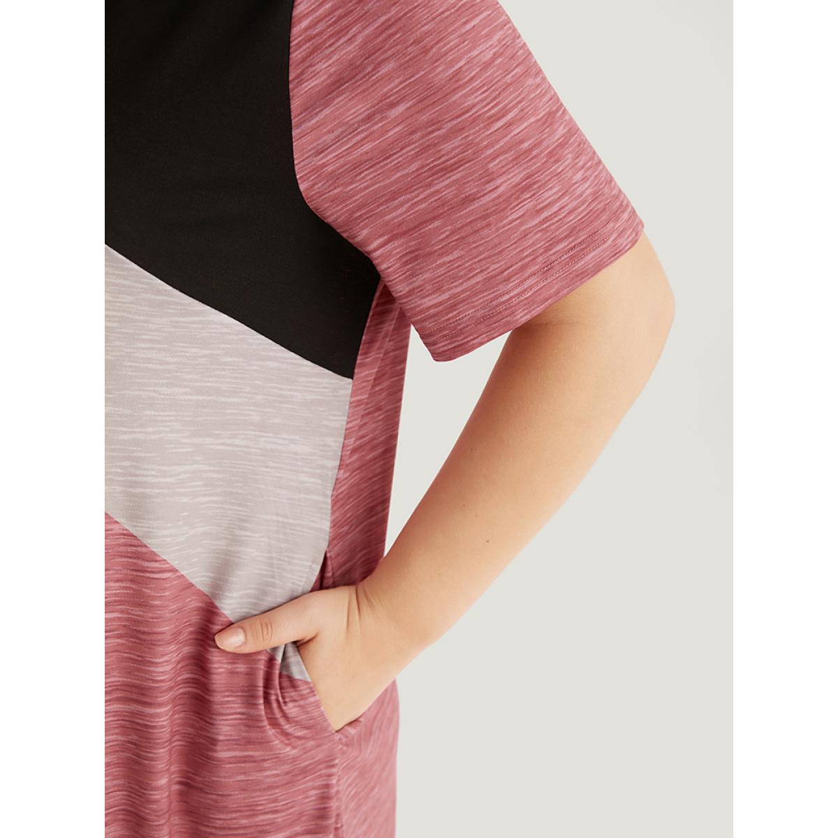 Plus Size Colorblock Contrast Striped Pocket Crew Neck Dress Russet Women Casual Patchwork Round Neck Short sleeve Curvy Midi Dress BloomChic 28/5X Product Image