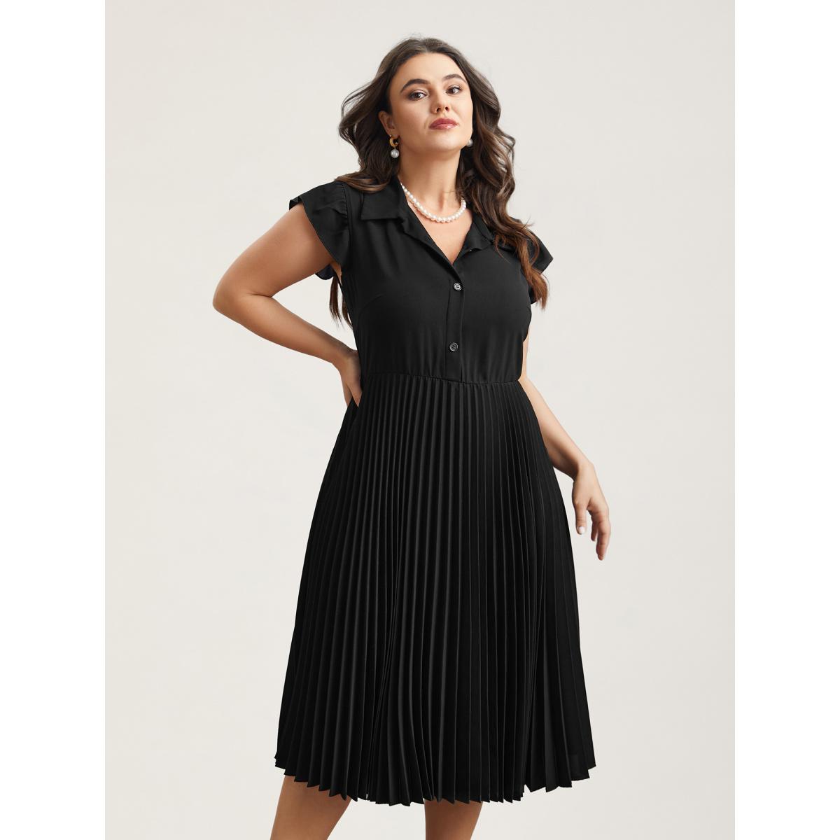 Plus Size Pleated Shirt Collar Solid Midi Dress Black Women Office Pleated Shirt collar Cap Sleeve Curvy BloomChic 26/4X Product Image