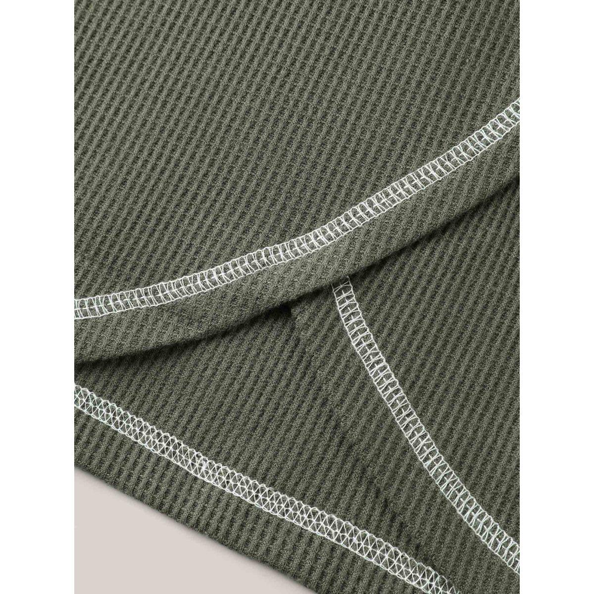 Plus Size Waffle High Low Hem Zipper T-Shirt ArmyGreen Women Leisure Topstitching Round Neck Casual T-shirts BloomChic 26/4X Product Image