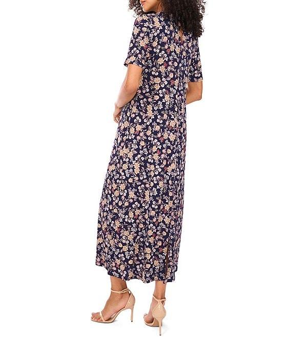 Vince Camuto Woven Floral Print Round Neck 3/4 Sleeve Maxi A-Line Dress Product Image