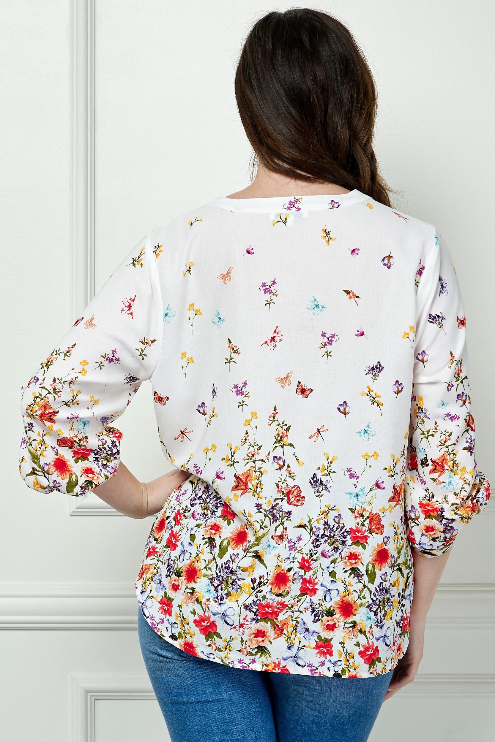Wildflower 3/4 Button Tab Sleeve Big Button V-Neck Border Print Blouse - Plus Product Image