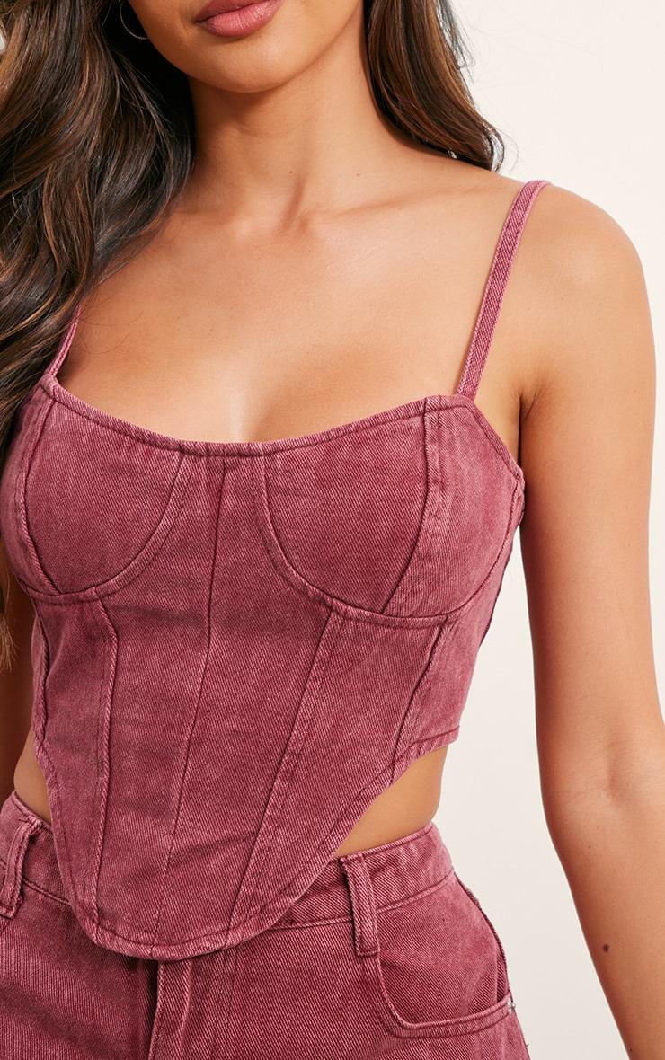 Washed Burgundy Dipped Hem Denim Corset Top Product Image