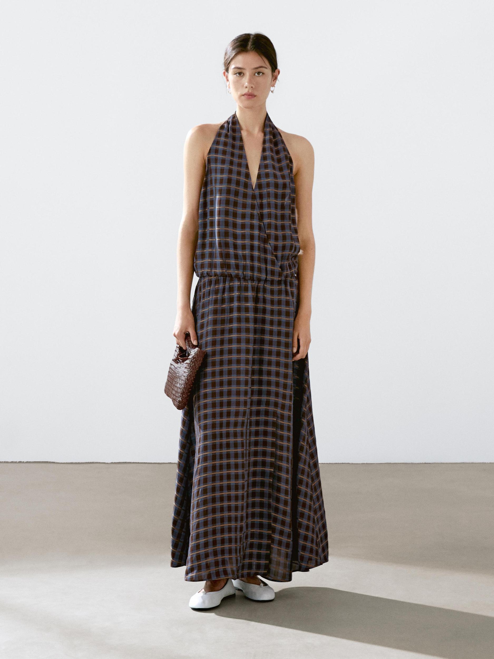 Long printed halter neck flounce dress Product Image