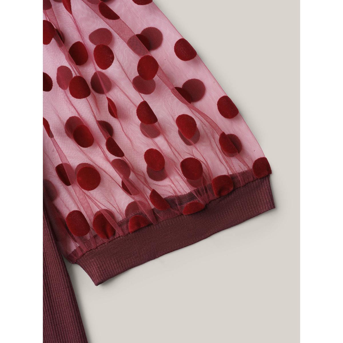 Plus Size Polka Dot Sheer Sleeve Square Neck T-Shirt Burgundy Women Elegant Texture Square Neck Bodycon Everyday T-shirts BloomChic 10/M Product Image