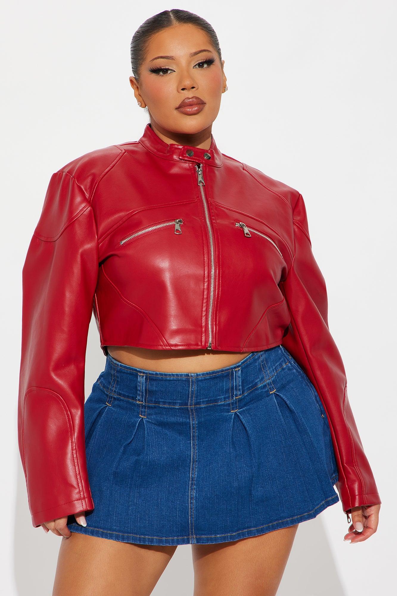 Mina Cropped Faux Leather Moto Jacket - Red Female Product Image