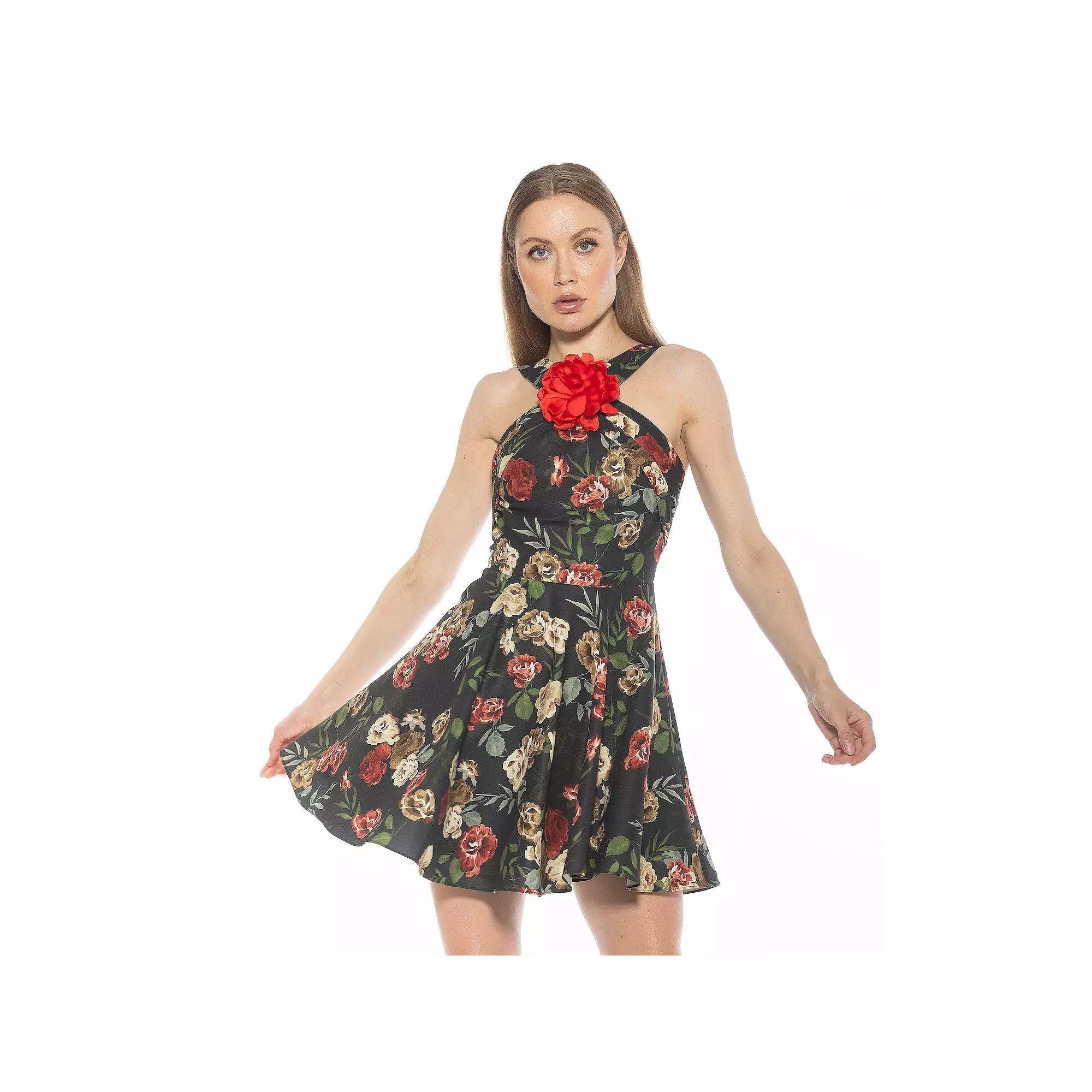 Women's ALEXIA ADMOR Alexi Halter Fit & Flare Dress with 3D Flower Detail,  Product Image