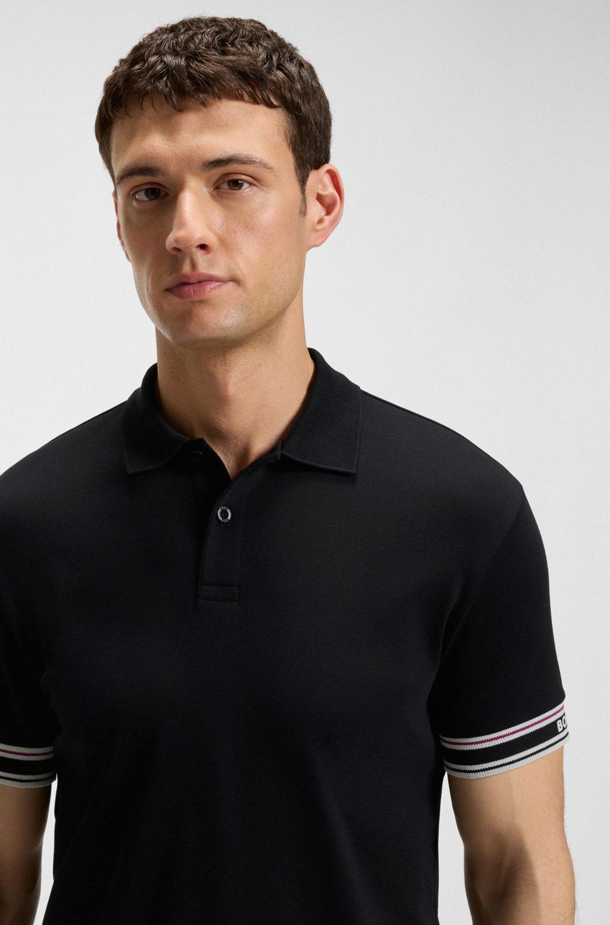 Slim-fit polo shirt in cotton with striped collar Product Image