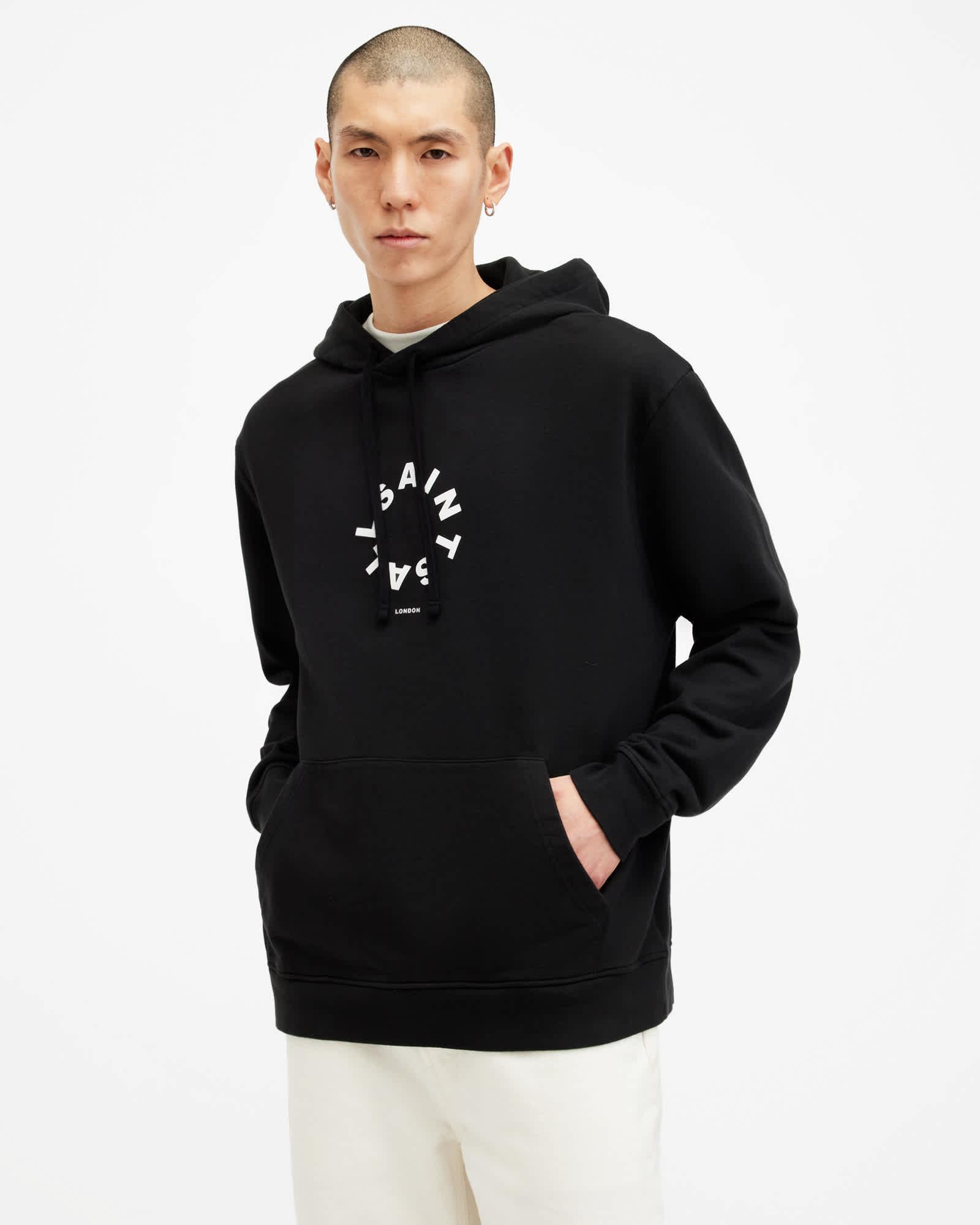 Tierra Pullover Circle Logo Hoodie Jet Black | ALLSAINTS US Product Image