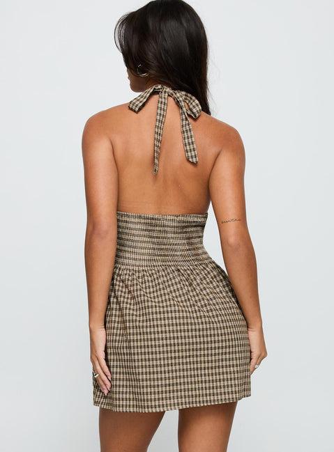 Juanette Halter Mini Dress Brown Check Product Image
