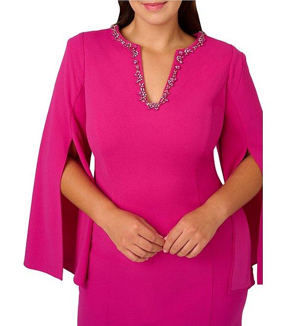 Adrianna Papell Plus Size Solid Crepe Jewel Embellished Split V-Neck Long Sleeve Sheath Dress Product Image