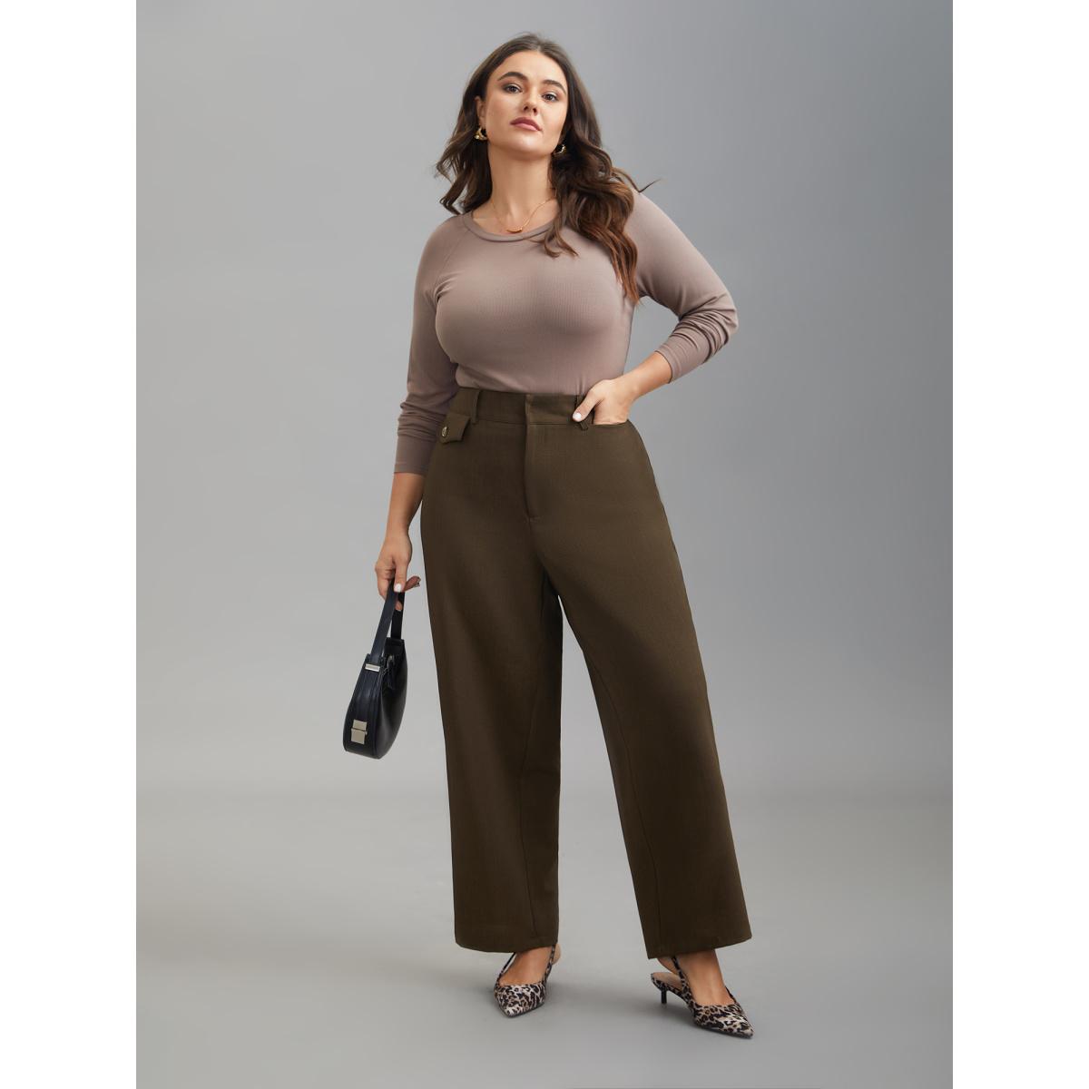 Plus Size Stretchy-Waist Decorative Pockets Straight-Leg Pants Women DarkBrown At the Office Straight Leg Mid Rise Work Pants BloomChic 26/4X Product Image