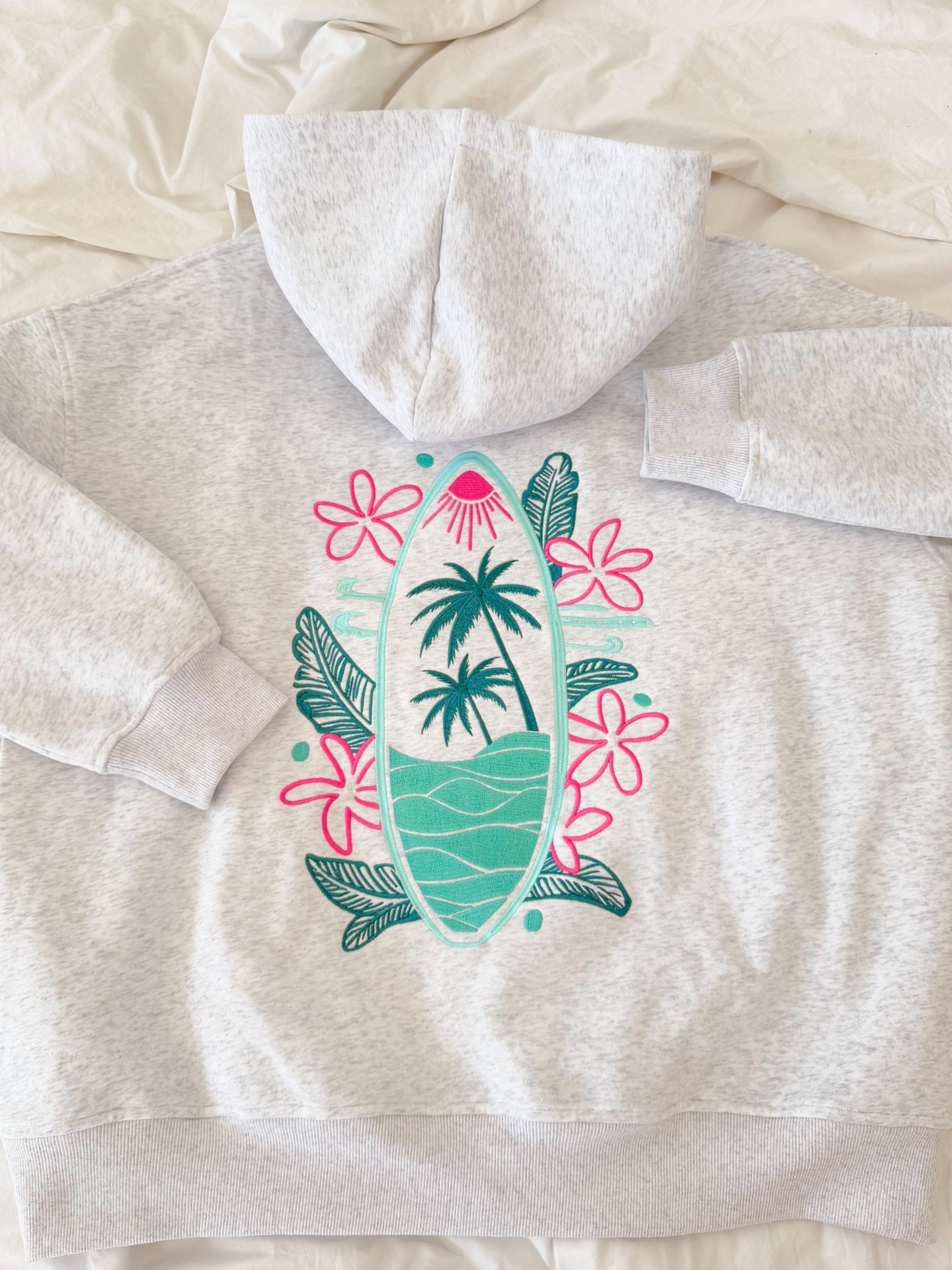 Pearl Grey Surfing The Waves Embroider Hoodie Product Image
