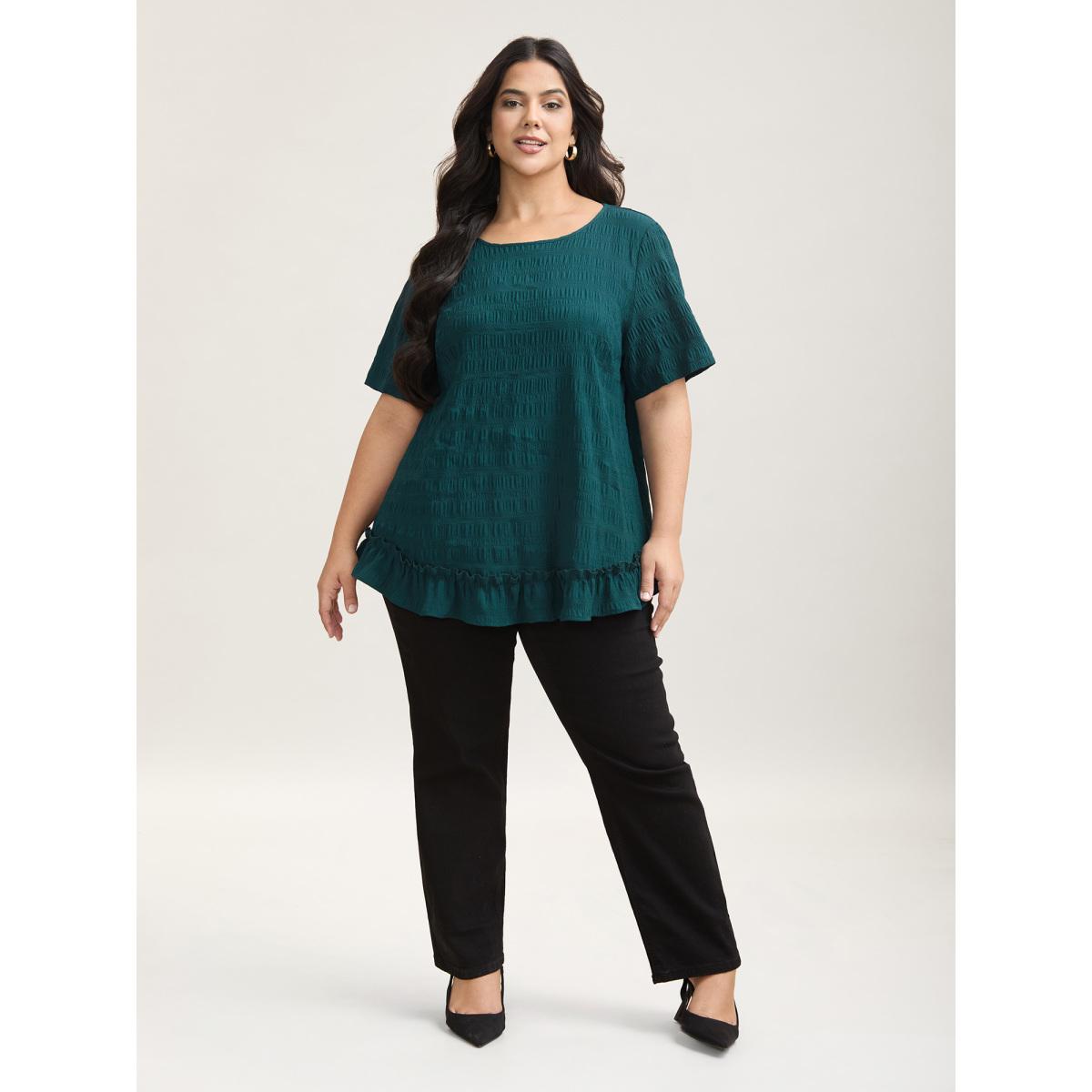 Plus Size Cyan Textured Spliced Ruffle Edge Top Women Leisure Short sleeve Round Neck Casual Blouses BloomChic 18-20/2X Product Image