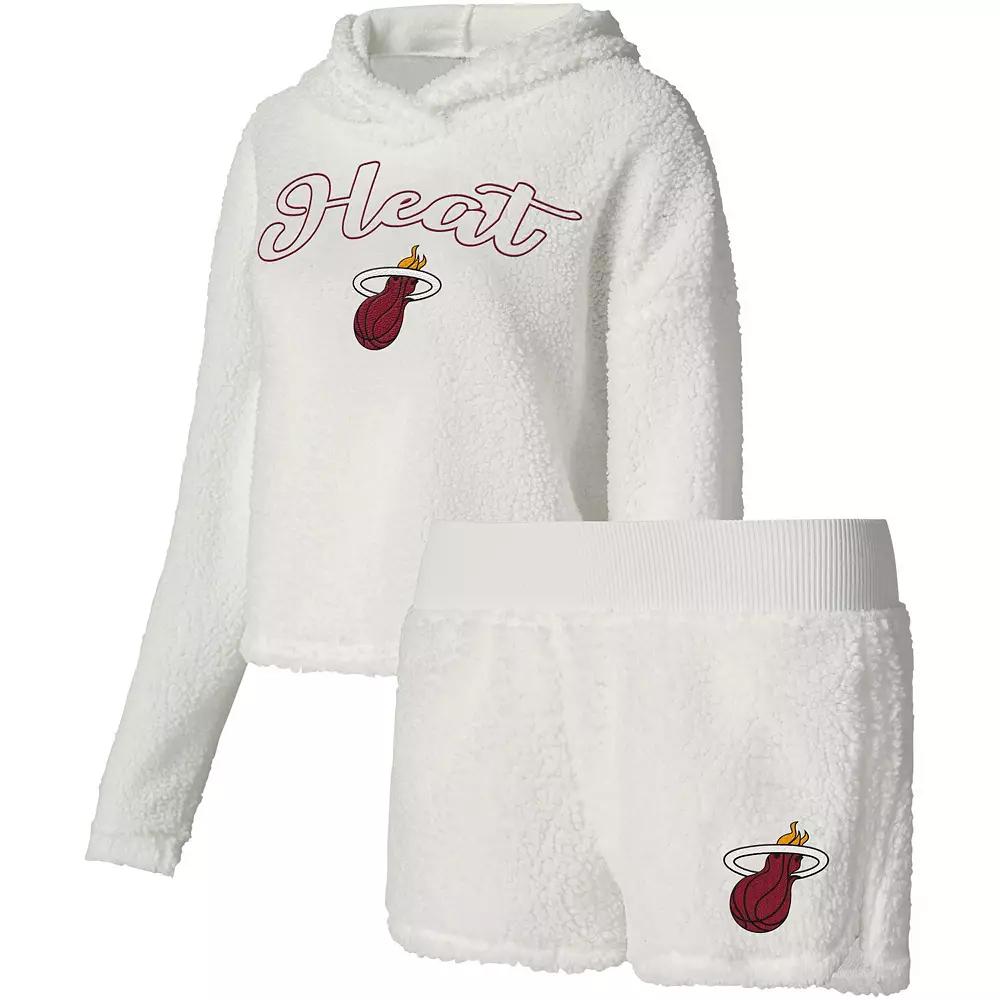 Women's College Concepts Cream Miami Heat Fluffy Long Sleeve Hoodie T-Shirt & Shorts Sleep Set,  Product Image